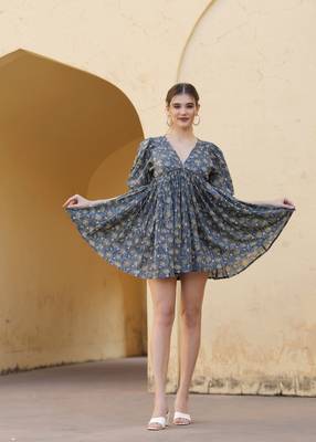 Handblock Printed New Arrival Cotton Akiha Mini Dress 1