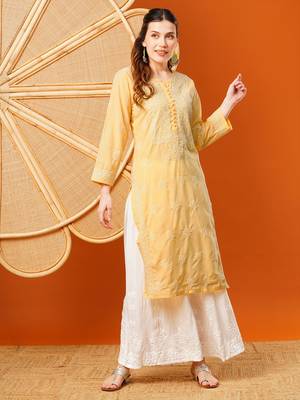 Hand Embroidered Yellow Cotton Lucknowi Chikankari Straight Kurta  1