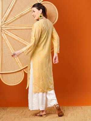 Hand Embroidered Yellow Cotton Lucknowi Chikankari Straight Kurta  2
