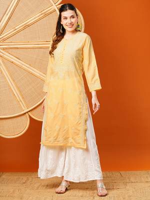 Hand Embroidered Yellow Cotton Lucknowi Chikankari Straight Kurta  3