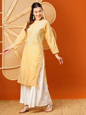 Hand Embroidered Yellow Cotton Lucknowi Chikankari Straight Kurta  4