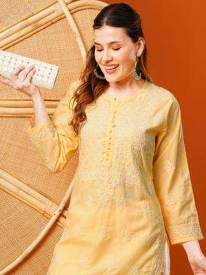 Hand Embroidered Yellow Cotton Lucknowi Chikankari Straight Kurta  5