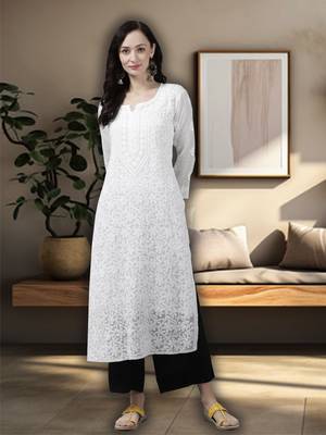 Hand Embroidered White Kota Lucknow Chikankari Straight Kurta With Slip  1