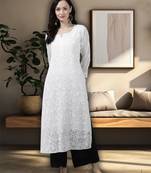 Hand Embroidered White Kota Lucknow Chikankari Straight Kurta With Slip 