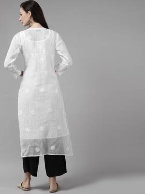 Hand Embroidered White Kota Lucknow Chikankari Straight Kurta With Slip  2