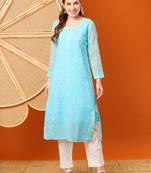 Hand Embroidered Blue Kota Lucknow Chikankari Straight Kurta With Slip 