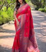 Red zari woven silk women's saree with blouse piece