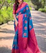 Blue zari woven silk women's saree with blouse piece