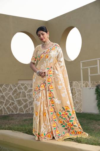 Beige soft cotton jamdani saree