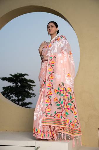 Peach soft cotton jamdani saree