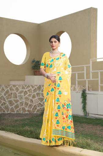 Yellow soft cotton jamdani saree