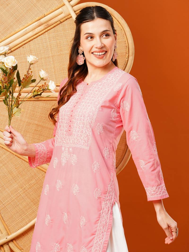 Hand Embroidered Salmon Peach Cotton Lucknowi Chikankari Straight Kurta 