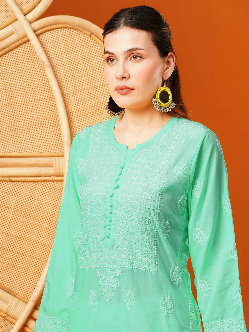 Hand Embroidered Sea Green Cotton Lucknowi Chikankari Straight Kurta 