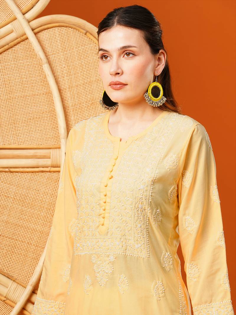 Hand Embroidered Yellow Cotton Lucknowi Chikankari Straight Kurta 