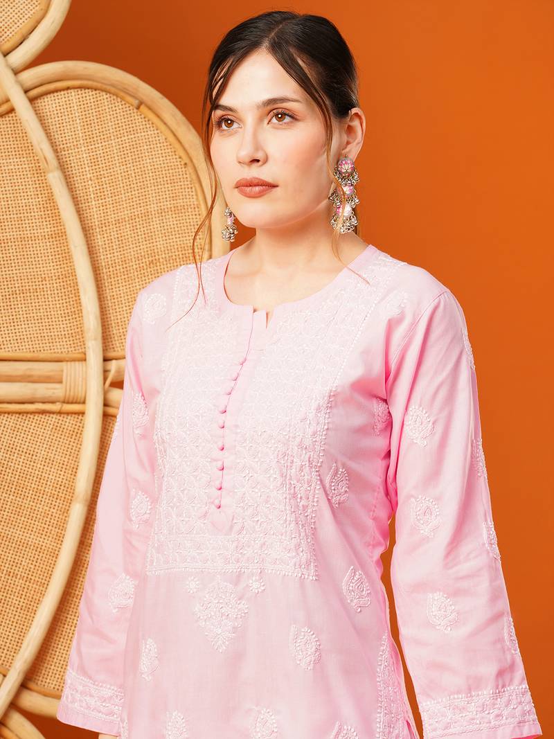 Hand Embroidered Pink Cotton Lucknowi Chikankari Straight Kurta 