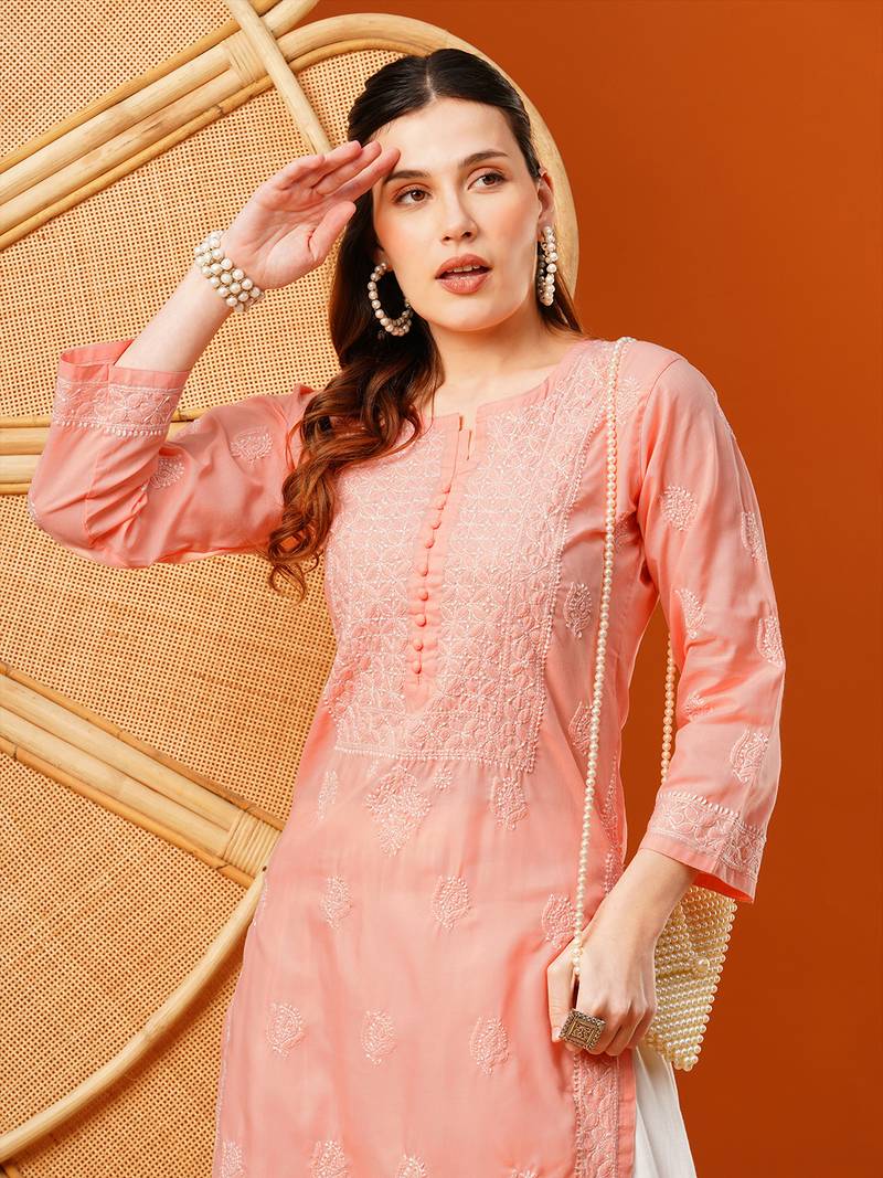 Hand Embroidered Peach Cotton Lucknowi Chikankari Straight Kurta 
