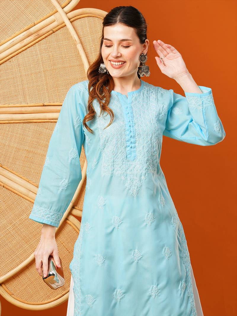Hand Embroidered Sky Blue Cotton Lucknowi Chikankari Straight Kurta 