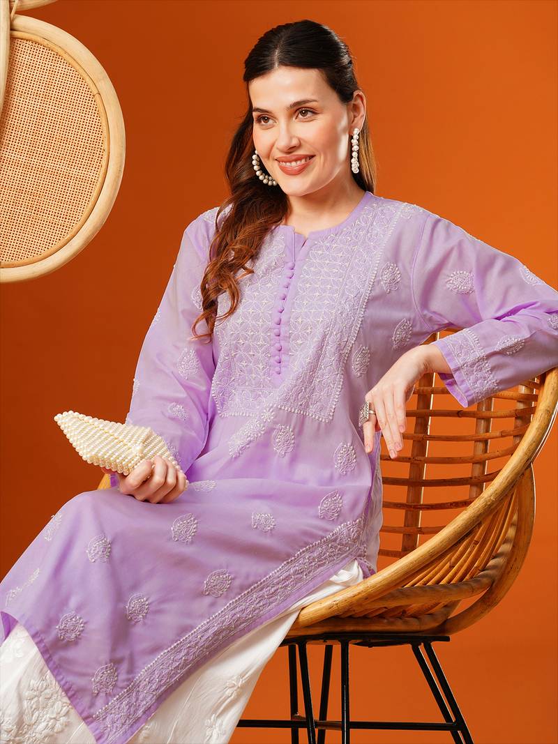 Hand Embroidered Lavender Cotton Lucknowi Chikankari Straight Kurta 