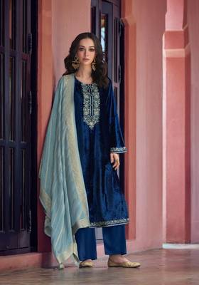 Blue embroidered velvet semi-stitched salwar suit 1