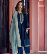 Blue embroidered velvet semi-stitched salwar suit