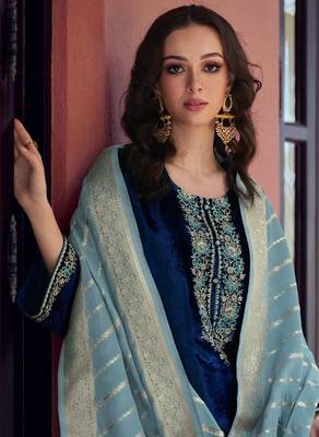 Blue embroidered velvet semi-stitched salwar suit 2
