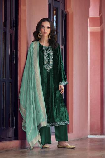 Green embroidered velvet semi-stitched salwar suit