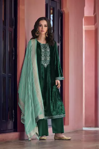 Green embroidered velvet semi-stitched salwar suit
