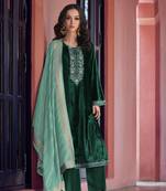 Green embroidered velvet semi-stitched salwar suit