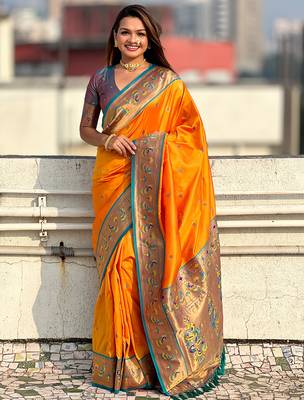 Orange paithani silk saree with unstitched blouse piece 1