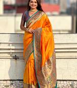 Orange paithani silk saree with unstitched blouse piece