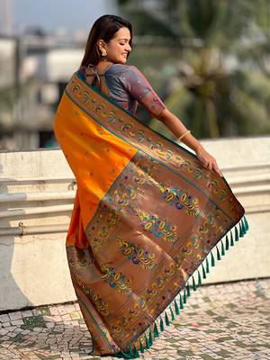 Orange paithani silk saree with unstitched blouse piece 2