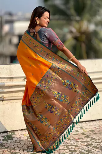 Orange paithani silk saree with unstitched blouse piece