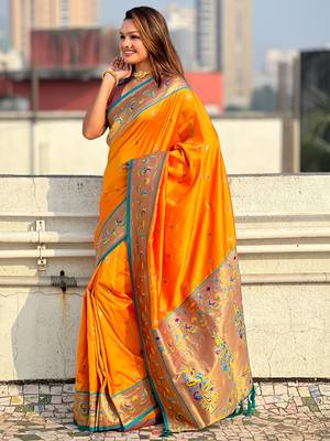 Orange paithani silk saree with unstitched blouse piece 3
