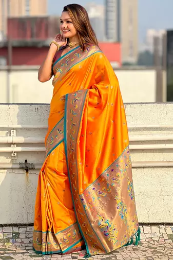 Orange paithani silk saree with unstitched blouse piece