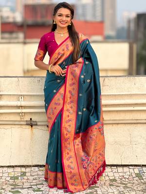 Teal paithani silk saree with unstitched blouse piece 1
