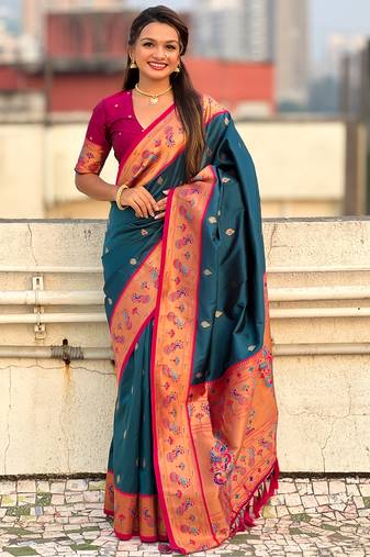 Teal paithani silk saree with unstitched blouse piece