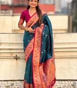 Teal paithani silk saree with unstitched blouse piece