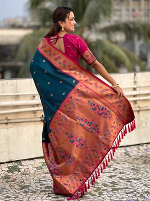 Teal paithani silk saree with unstitched blouse piece 2