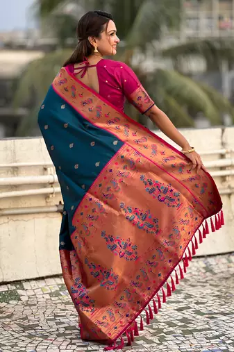 Teal paithani silk saree with unstitched blouse piece