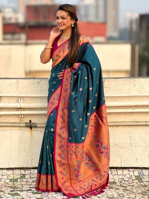 Teal paithani silk saree with unstitched blouse piece 3