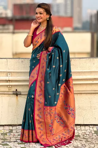 Teal paithani silk saree with unstitched blouse piece