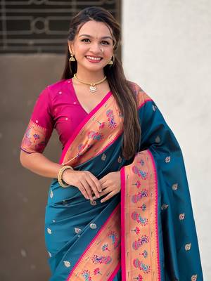 Teal paithani silk saree with unstitched blouse piece 4