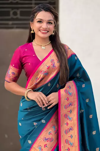 Teal paithani silk saree with unstitched blouse piece