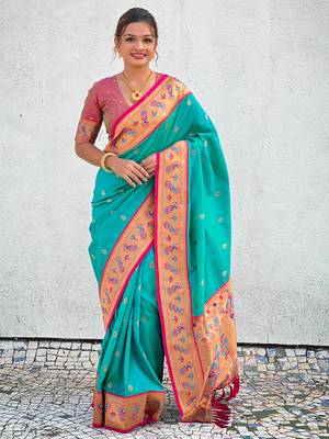 Blue paithani silk saree with unstitched blouse piece 1