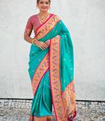 Blue paithani silk saree with unstitched blouse piece