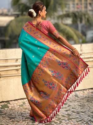 Blue paithani silk saree with unstitched blouse piece 2
