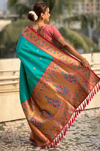 Blue paithani silk saree with unstitched blouse piece