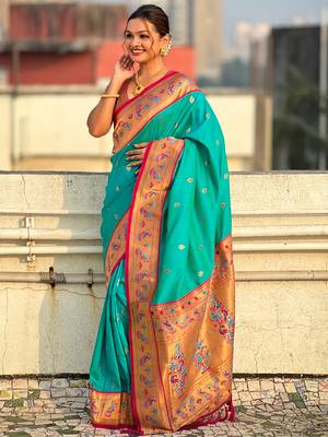 Blue paithani silk saree with unstitched blouse piece 3