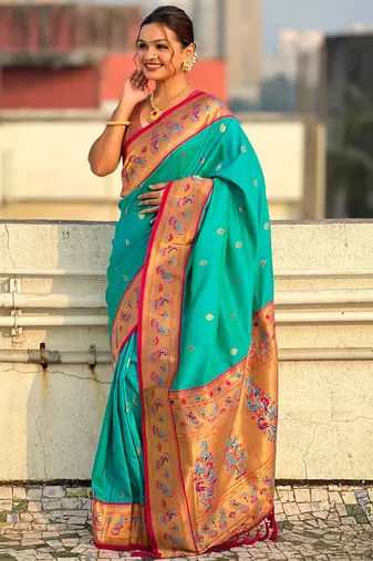 Blue paithani silk saree with unstitched blouse piece