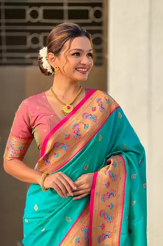 Blue paithani silk saree with unstitched blouse piece